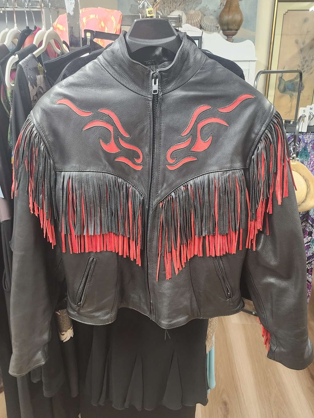 Unik Black Leather Fringe Jacket with Red Flame Accents
